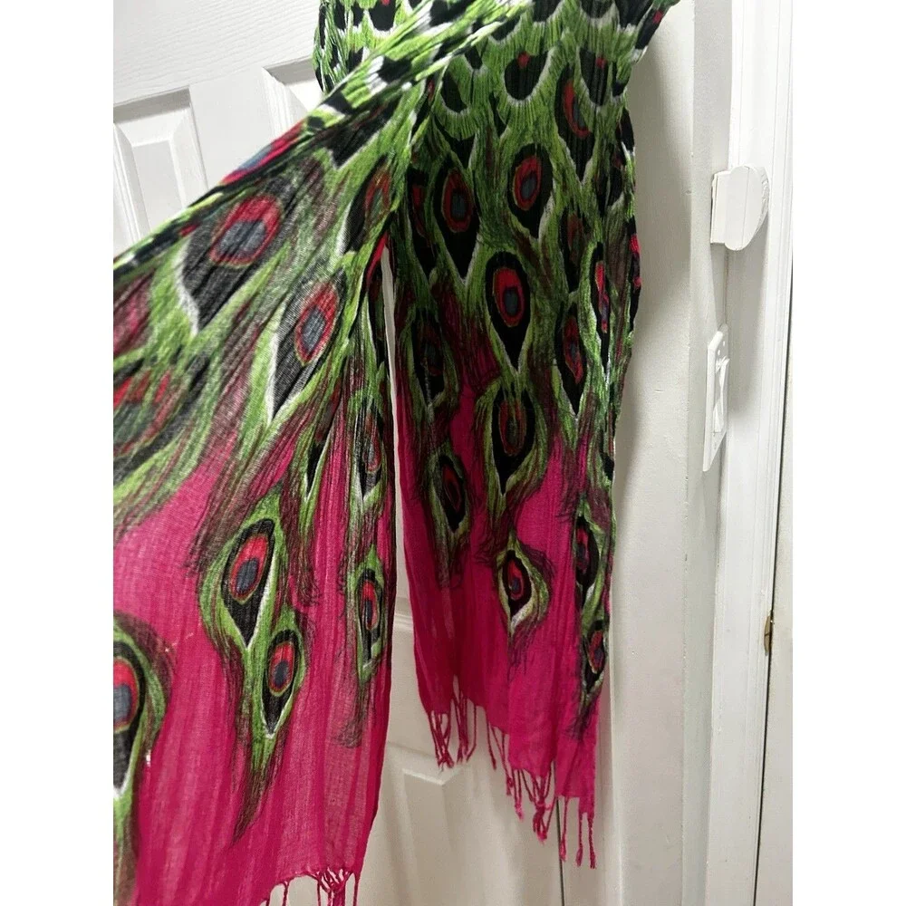 Women’s Peacock Print Scarf Pink Green Fringe Lightweight Wrap